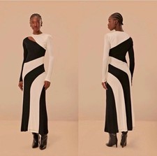 Farm Rio Black/White Colorblock Cutout Asymmetrical Long Sleeve Maxi Dress M