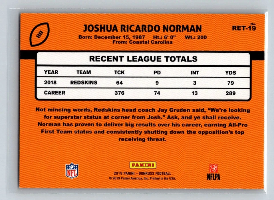 2019 Donruss Retro 1989 #RET-19 Josh Norman Washington Redskins Football Card - Image 2 of 2