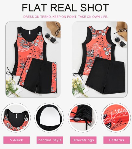Two Piece Bathing Suits for Women Tummy Control Tankini Top and Boy Shorts Fl... - Picture 4 of 6