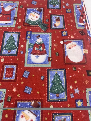 Santa Claus Christmas Pals Fabric Brother Sister 3 Yards Snowman Trees Stars Vtg - Picture 3 of 7