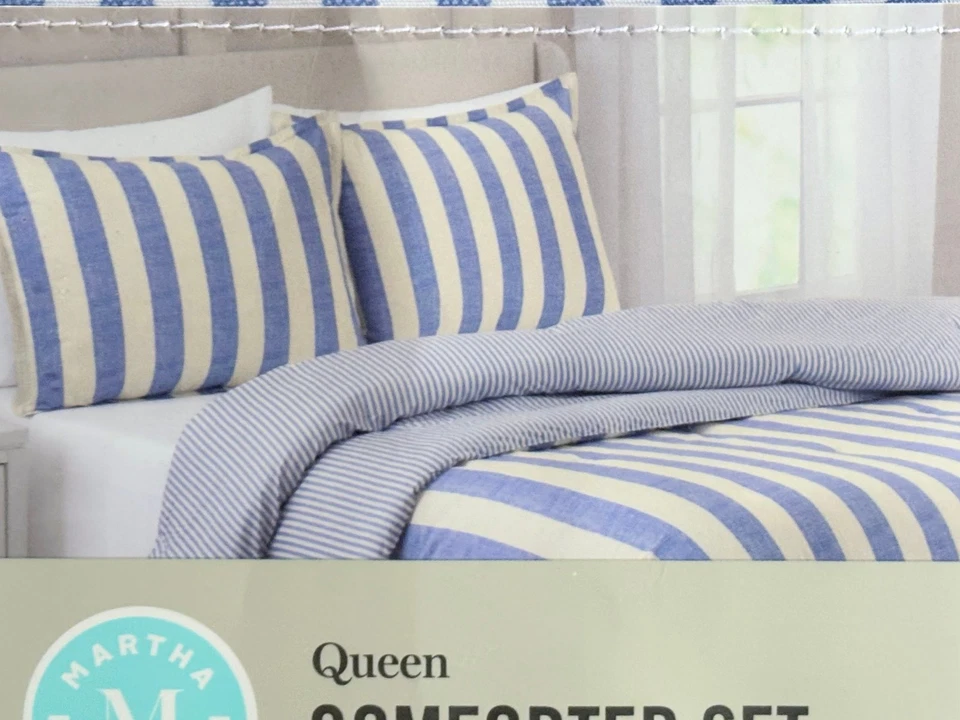 3-pc Martha Stewart BROAD BLUE WHITE STRIPE Cotton Comforter Set  Queen Size Set — 第 3/4 张图片
