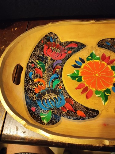 Hand Painted Mexican Batea Wood Tray Folk Art Tole Floral 17x11.5" - Picture 4 of 8