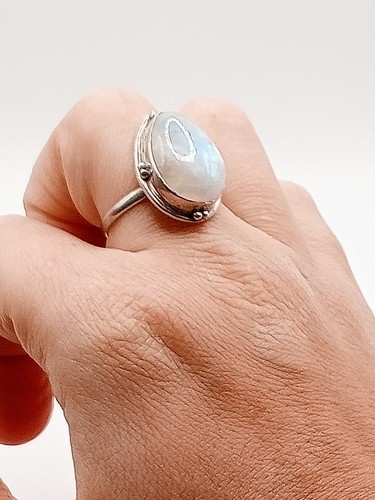 Anello Cocktail Donna Vintage Argento Pietra Di Luna A Goccia Cangiante Bianca - Foto 8 di 12