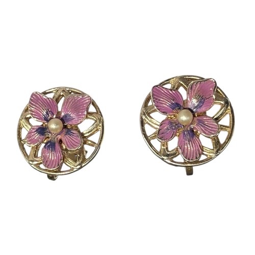 Pendientes Vintage Tornillo Trasero Tonificado Dorado Hoja Guirnalda Esmalte Violeta Flor Púrpura - Imagen 8 de 11