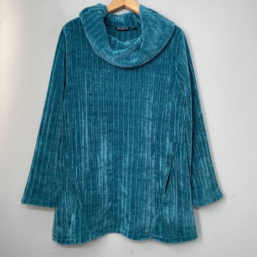 Nina Leonard Size Large Cowl Neck Teal Soft Chenille Pocket Tunic Sweater Cozy - Picture 1 of 9