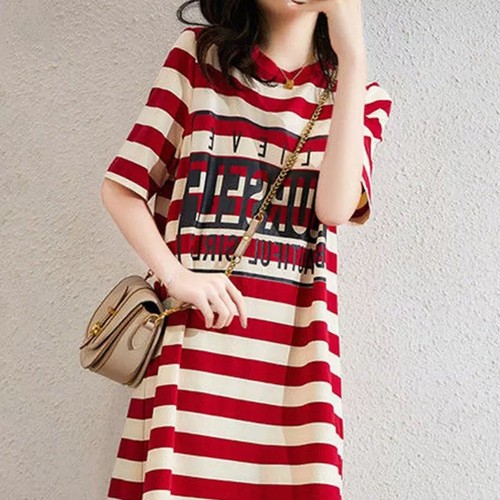 Women Dress Short Sleeve Striped Round Neck Casual Fit for Daily Vacation Use - Picture 2 of 13