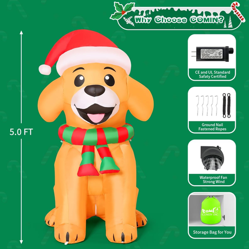 COMIN 5 FT Christmas Inflatables Dog Outdoor Yard Decorations Xmas Blow up Golde - Picture 6 of 12