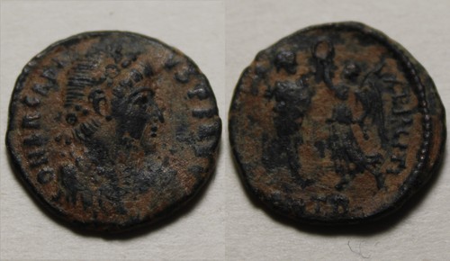 Rare original ancient coin Arcadius Roman Emperor Victory crowns wreath ANTIOCH