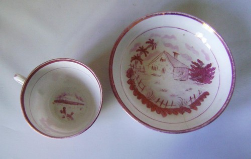 C.1800 Porcelain Purple Lustre Cottage Decorated Bute Shaped Cup & Saucer : A/F - Picture 3 of 16