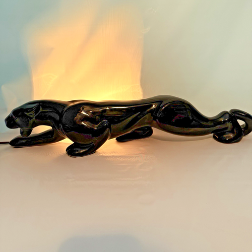 Vtg MCM Ceramic Black Panther TV Lamp Sleek Stalking Statue Tested Works - Picture 1 of 23