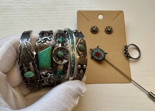 Vintage Sterling Silver Turquoise Jewelry Lot - bracelets, ring, pin, earrings