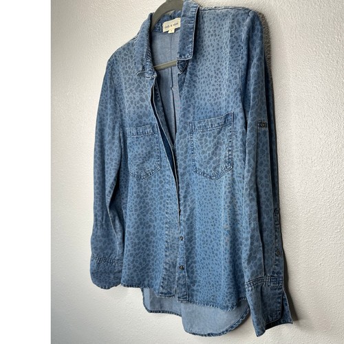 Camicia con colletto e bottoni stampa animalier blu denim stoffa e pietra S - Foto 3 di 15