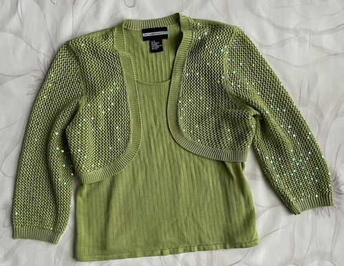 Requirements Sweater sz Large Green Faux Twinset Layer Look Sequins - Picture 2 of 7
