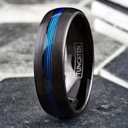 7mm Black Blue Fishing Line Men's Wedding Band Ring - Wedding Rings for Men and - Imagen 4 de 10