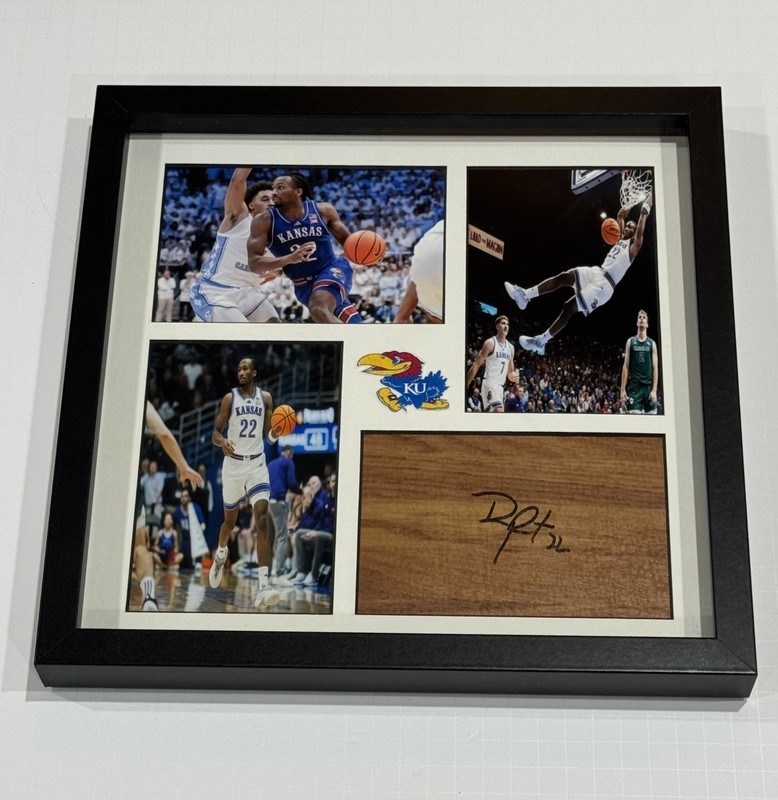 DARRYN PETERSON SIGNED 12X12 FRAMED FLOORBOARD COLLAGE KANSAS JAYHAWKS PSA COA