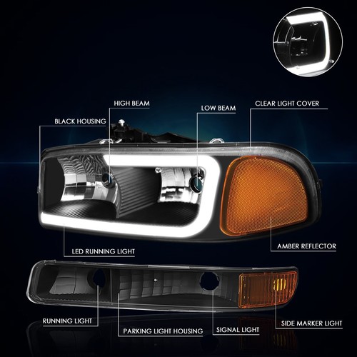 Faro LED DRL para 99-07 GMC Sierra/Yukon XL con lámpara de parachoques negro/ámbar 4 piezas - Imagen 3 de 7