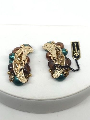 Pendientes Clip Escalador Corona Trifari Verde Multi Tono Oro con Etiqueta Original - Imagen 3 de 5