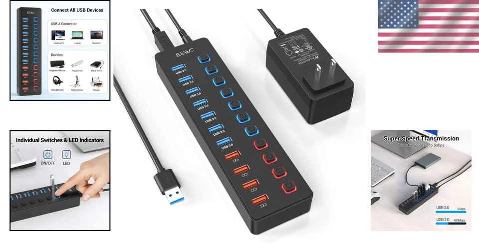 Compact USB 3.0 Splitter Hub - 11 Ports with Smart Charging for Home & Office - Image 2 of 4