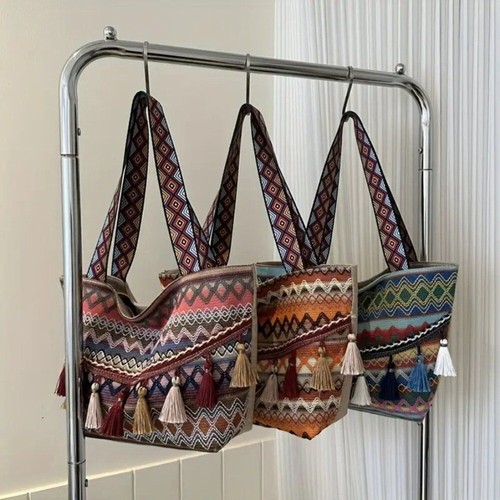Bohemian Argyle Zip Closure Tassel Embroidered Vibrant Western Tote Beach Bag - Picture 4 of 9