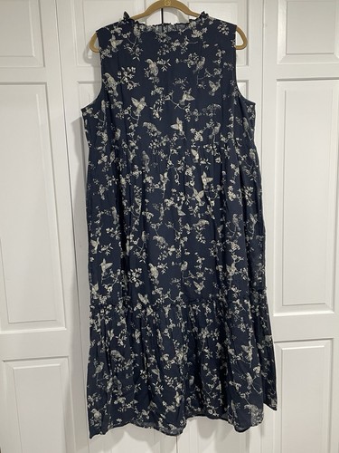 J. Jill Dress Ruffled Neckline Maxi Bird Print Sleeveless XL Petite New Blue Nwt - Picture 5 of 10