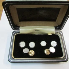 Set of Art Deco Swank  Mother Of Pearl MOP Tuxedo Cufflink Set Gold Plate w Case
