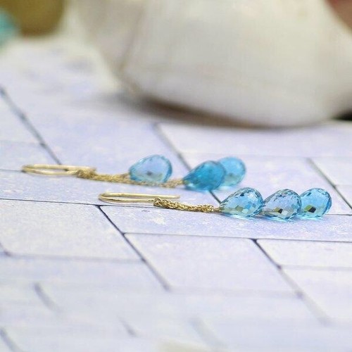 Natural Topacio Azul Briolette Triple Gota 14k Oro Amarillo Fino Pendientes - Imagen 4 de 4
