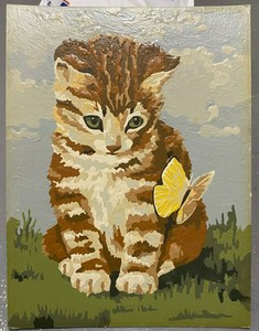 Vtg Paint By Numbers Of Kitten And Butterfly Cat Painting On