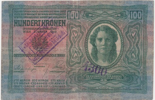 AUSTRIA HUNGARY 100 COROANE KRONEN 1912 F REGIONAL STAMP - Picture 1 of 2