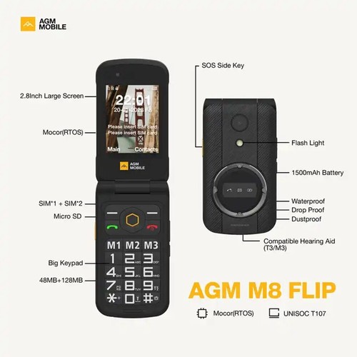 AGM M8 Flip Rugged Phone 2.8 inch Unlocked SOS Quick Call Elderly Feature Phone - Picture 4 of 15