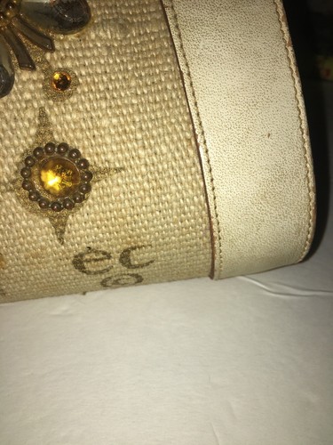 Enid Collins Handtasche Roadrunner hellbraun mit Schmucksteinen besetzter Vogel Leder Canvas Carpetbag - Bild 3 von 8