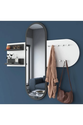 Modern Wall Mounted Mirror & Coat Rack – Stylish Entryway Organizer with Shelves - Picture 9 of 14