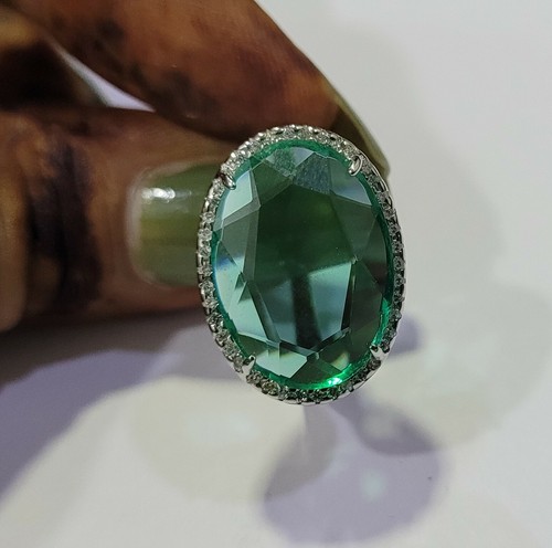 Imitation Green Emerald Gemstone 925 Sterling Silver Women's Oval Ring SZ:7.75 - Picture 11 of 12