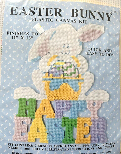 Easter Wall Hanging HAPPY EASTER Plastic Canvas Kit Bunny Eggs Basket Kitsch - Picture 2 of 5