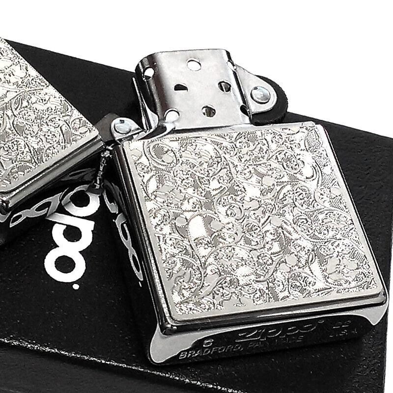 Zippo Oil Lighter Arabesque Flower Silver Metal Plate Brass