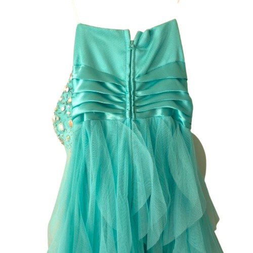 Deb Aqua trägerloses Schmuck Babydoll hoch niedrig Tüll Rüschen Kleid Y2K Abschlussball - Bild 4 von 7