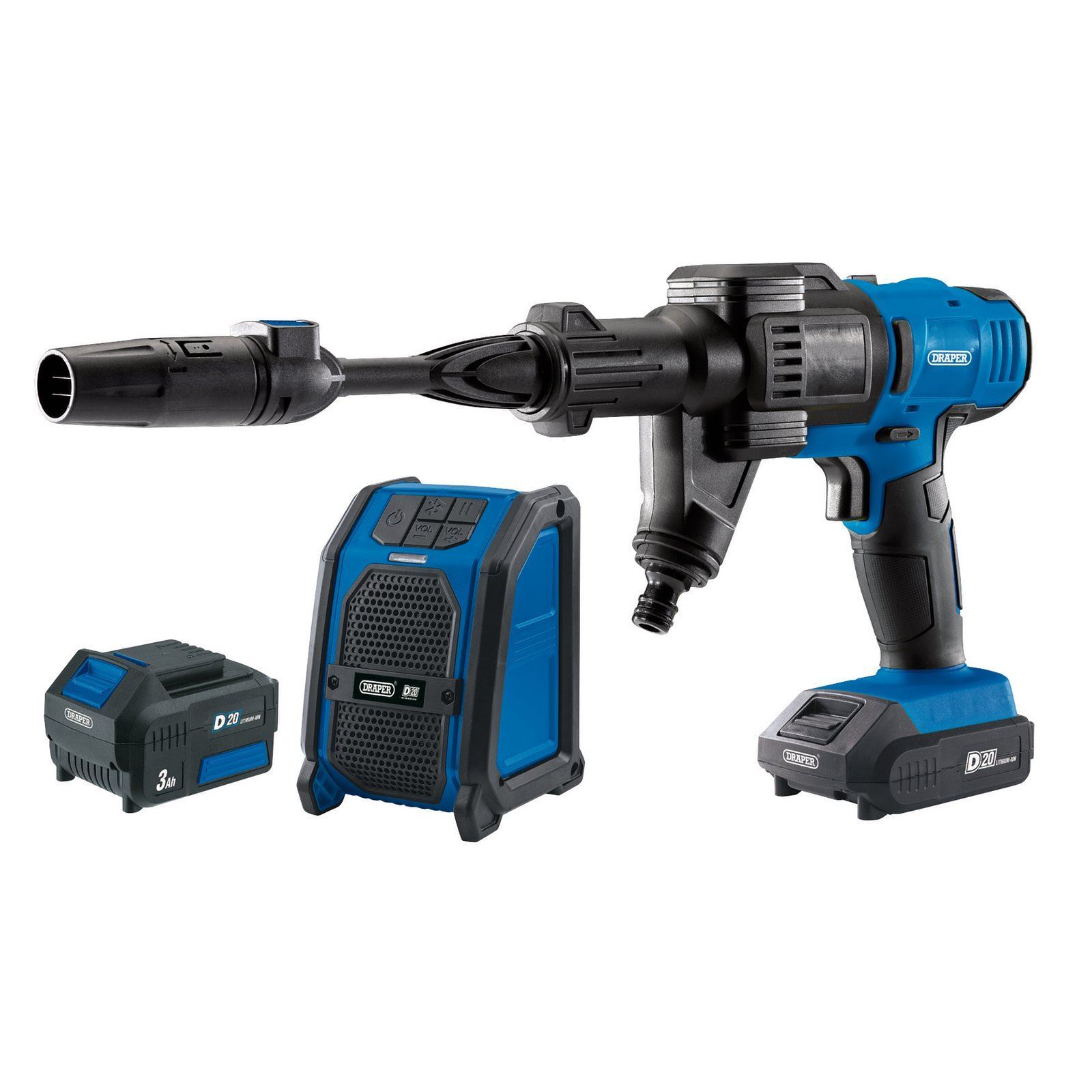 Draper D20 20V Pressure Washer, D20 20V Wireless Speaker with 1x 2Ah and 1x 3Ah