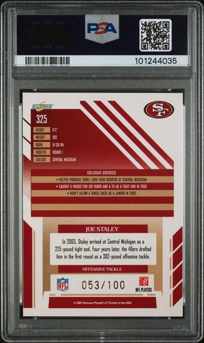 2007 Score Select Joe Staley Scorecard /100 Rookie #325 PSA 10 Pop 1 - Picture 2 of 2