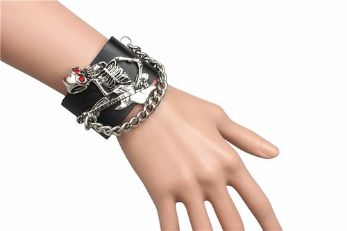 New Guitar Skeleton Style Leather Gothic Steampunk Bracelet Wristband Gothic - Picture 6 of 7