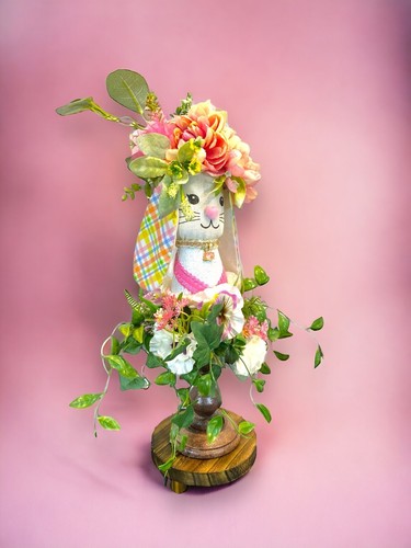 Spring Easter Decor Mothers Day Gift Floral Bunny Rabbit atop wooden riser handa - Picture 1 of 5