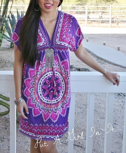 New PURPLE PINK HIPPIE MEDALLION KIMONO SLEEVE MINI DRESS TUNIC ONE SIZE S M L - Picture 5 of 6
