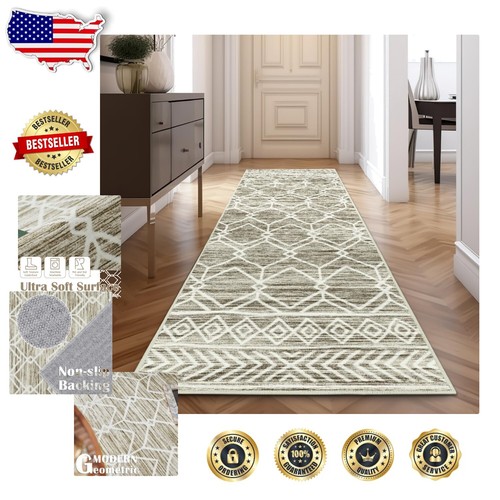 Soft Low-Pile Moroccan Runner Rug 3x10 - Stain Resistant, Ideal for Hallways