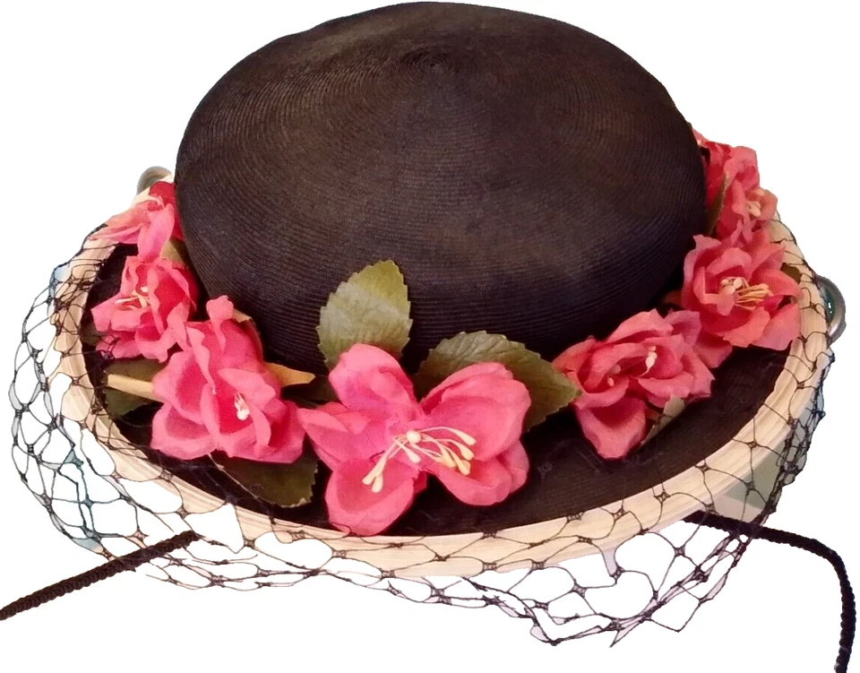 CHAPÉU VINTAGE FEMININO BARCO DE PALHA DÉCADA DE 1940 1950 Marinha, Rosa Millinery Flores, Véu. - Imagem 2 de 4
