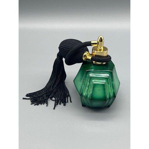 Botella de perfume verde checoslovaco vintage Bohemia atomizador jade malaquita - Imagen 6 de 11