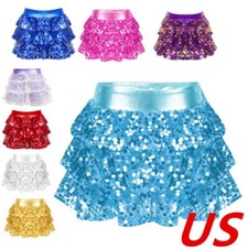 Kids Girl Shiny Metallic Layers Ruffle Sequin Mini Skirt Dance Costume