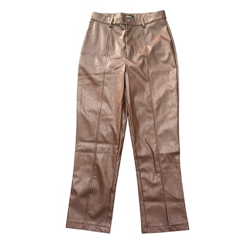 New WILDFOX Brown Faux Leather Front Seam Ankle Slit High Rise Pants Women’s M - Picture 3 of 11