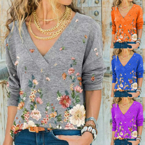 Fashion Women Long Sleeve T-Shirt Casual Spring Top Floral Print V-Neck Pullover