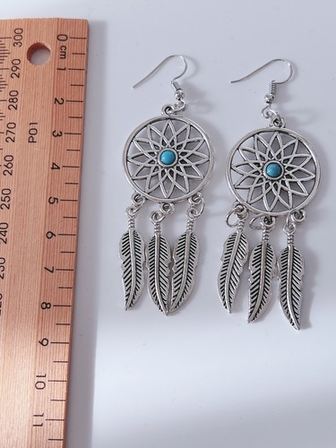 AU Women Feather Turquoise Leaf Dream Catcher Bohemian Boho Earrings Hook Drop - Picture 10 of 12