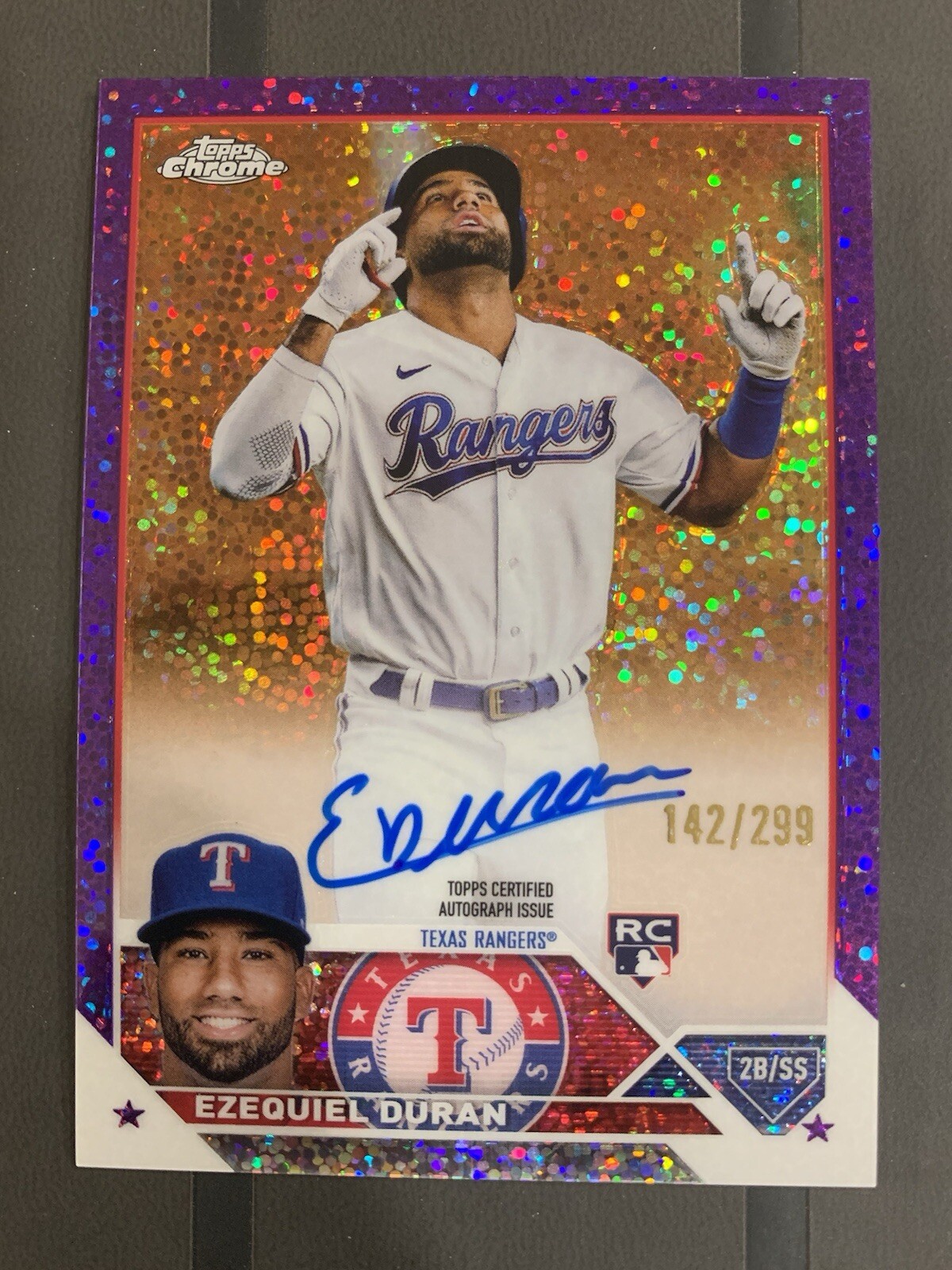 2023 Topps Chrome #RA-EDU Ezequiel Duran Purple Speckle /299 Rookie RC Auto