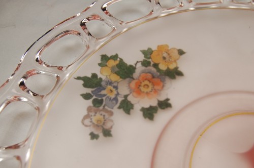 Vintage Anchor Hocking alte Kolonie Spitze Griff Tid Bit Serviertablett rosa Blumen  - Bild 4 von 6