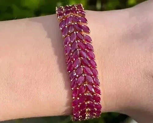 15Ct Marquise Cut Simulated  July birthstone red ruby bracelet 14K Gold Plated - Picture 1 of 6